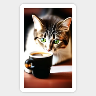 Cat Drinking Coffee Realistic Art Sticker